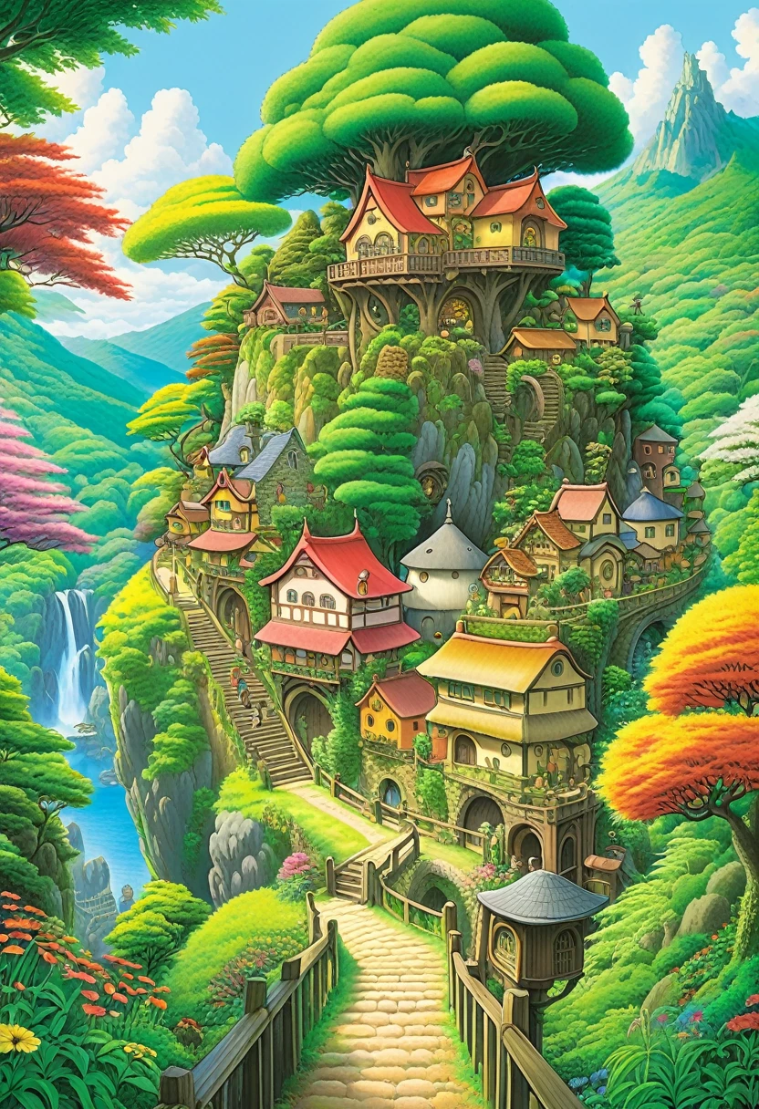 "The colorful world of Ghibli drawn with colored pencils. There is a small village in a lush forest, where cute characters live happily."