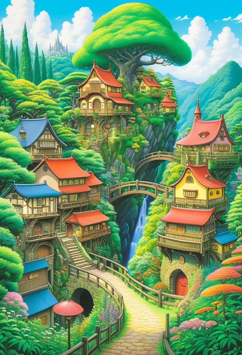 "The colorful world of Ghibli drawn with colored pencils. There is a small village in a lush forest, where cute characters live happily."