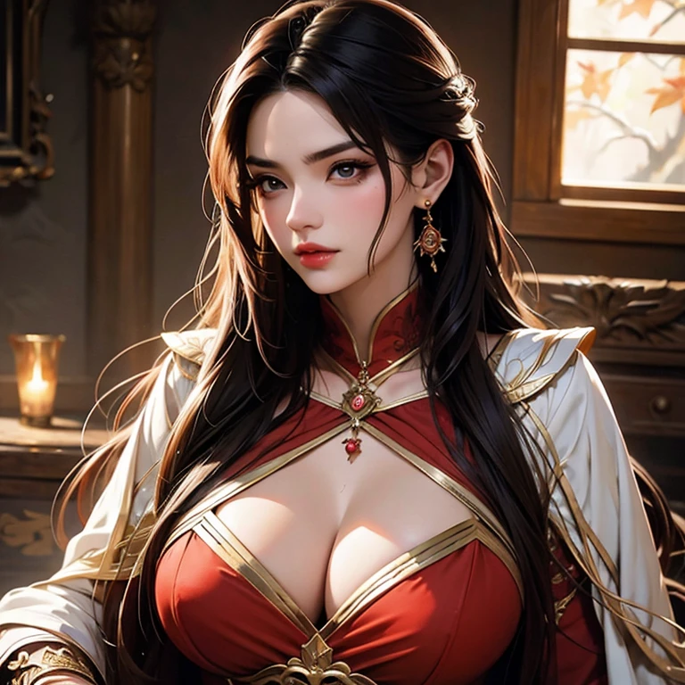 Art inspired by Grimzo,top-quality, master part, ultra high definition, (photorrealistic: 1.4), raw photos, 1womanl, very beautiful,long dark hair, shining skin, medium breasts, voluptuous,dramatic lighting, fully body,, redgown, Colossal, art direction Grimzo