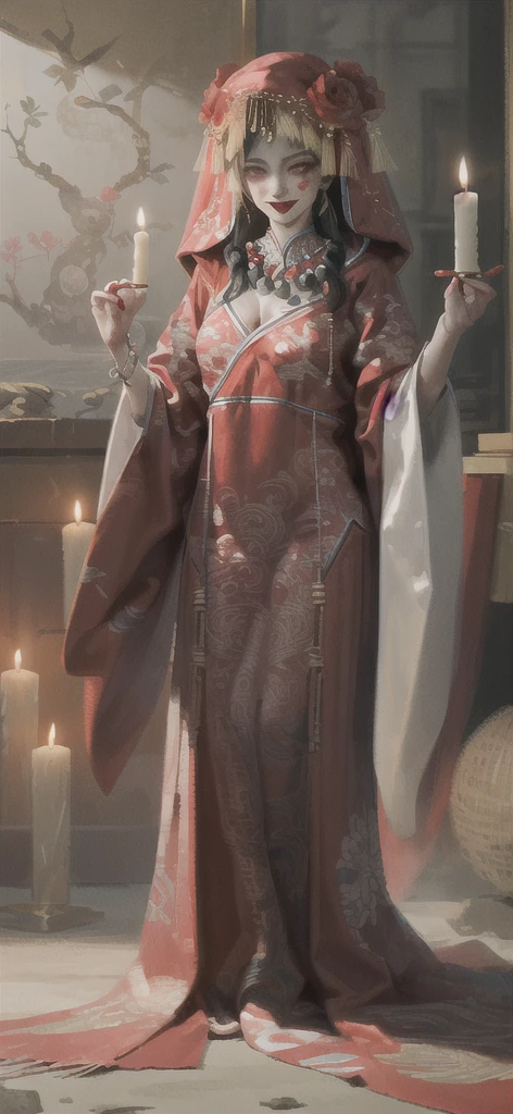 masterpiece,(masterpiece, top quality, best quality, solo, sitting, beads, veil, holding, jewelry, looking at viewer, necklace, candle, 1girl, indoors, hood, long sleeves, blood, floral print, hood up, smile, dark, (red chinese clothes), dress, horror (theme), black hair, (kneel),
