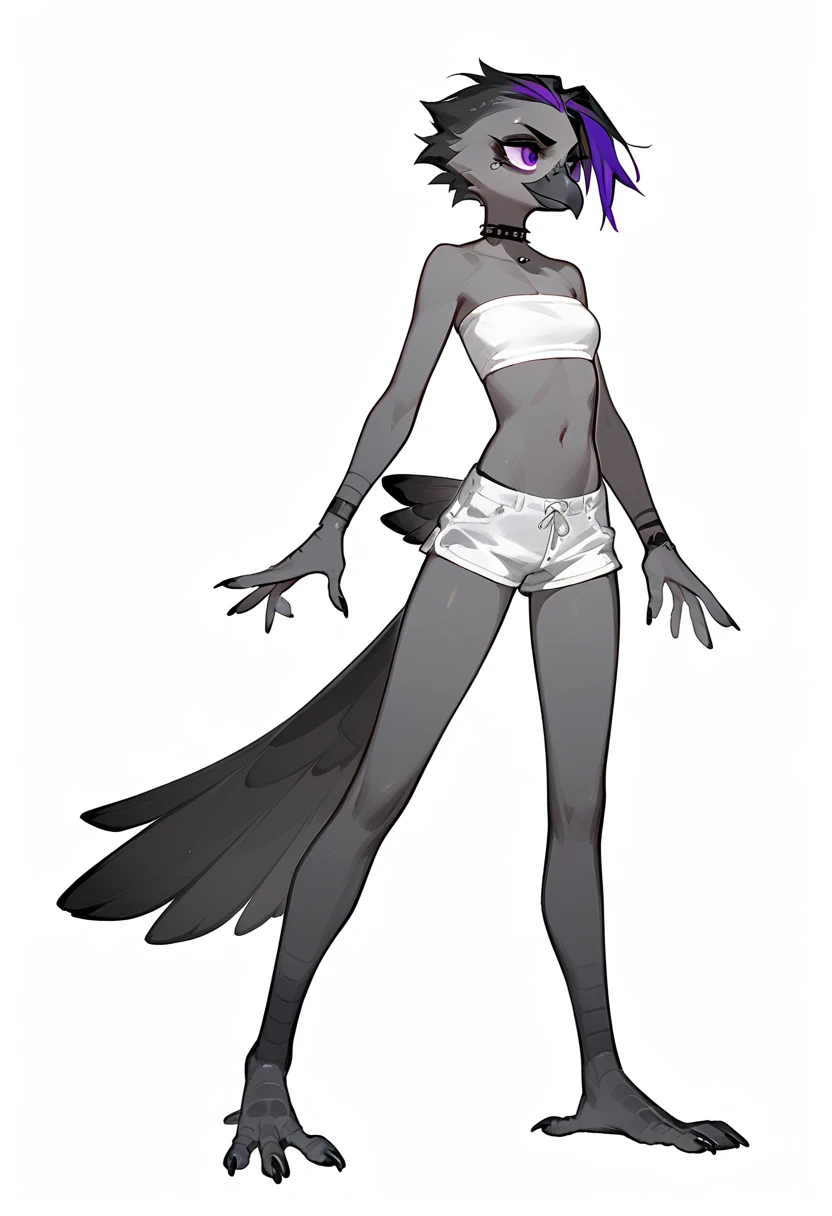 Score_9, score_8_up, score_7_up, flat colors, an Anthropomorphic avian crow girl, female, small grey beak, tall and slender, small crow tail, grey body, standing, white background, purple eyes, short black emo hair, hands with five fingers, wearing white bandeau, white short shorts, full body shot, plantigrade bird feet with three toes,