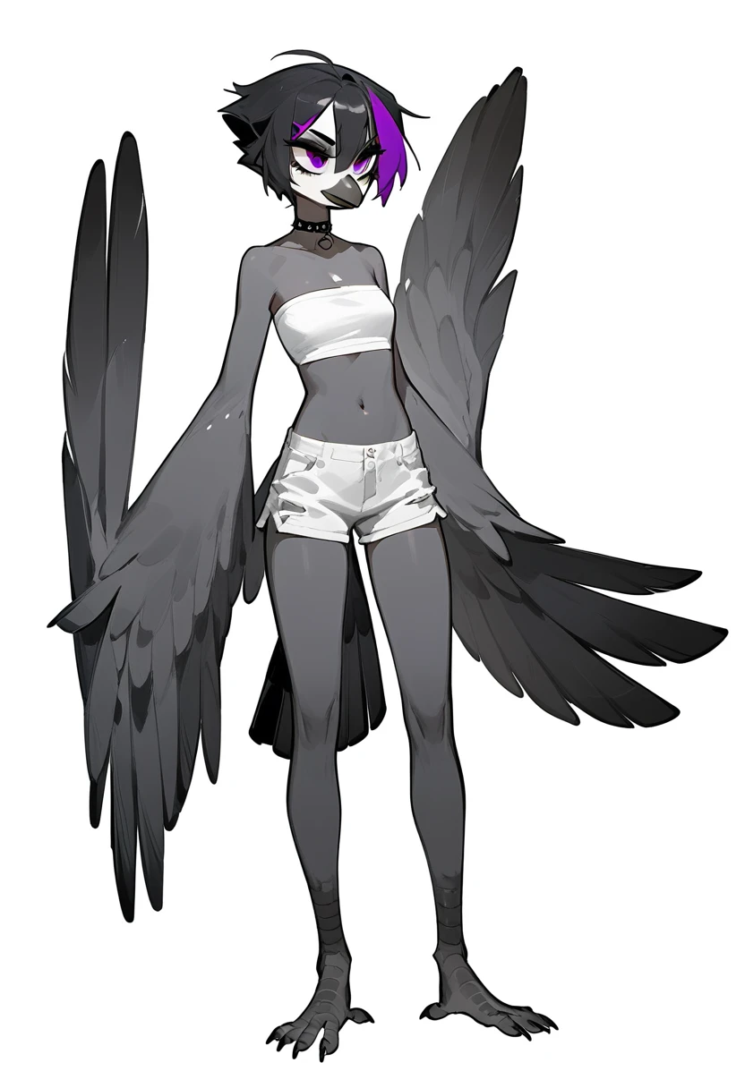 Score_9, score_8_up, score_7_up, flat colors, an Anthropomorphic avian crow girl, female, small grey beak, tall and slender, small crow tail, grey body, standing, white background, purple eyes, short black emo hair, hands with five fingers, wearing white bandeau, white short shorts, full body shot, plantigrade bird feet with three toes,