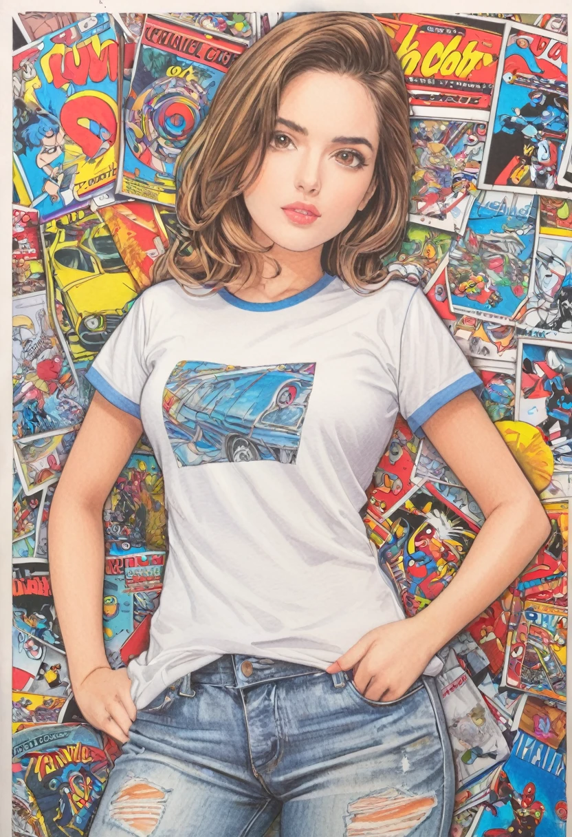  female，t- shirt，white，Art，ad，colour pencil drawing，draft drawing ，comic collage