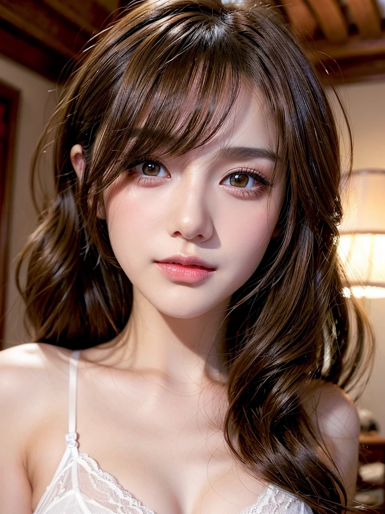 (Tabletop:1.4, Photorealistic:1.4, 8K), Highest quality, masterpiece, Ultra-high resolution, Perfect dynamic composition, Big Face、Round face、((Light brown hair, Long Hair, Layered Hair))、Highly detailed skin and facial textures:1.3, Limb details, 1 Girl, Cute sexy 22 year old woman, (Sunburn:1.0), ((Totally captivates you:0.9)), ((White lace bra 1.5)),extremely small、See-through、Medium Chest, (Distant eyes, Beautiful Eyes, Brown eyes、Beautiful erotic eyes:0.85), Sexy Face:0.4, (Mouth closed、Small Mouth、Thick lips、A taste of beautiful eroticism:0.85), ((Too cute beauty:0.9))、Gal Makeup、((Mid-shot photo 1.4))、(((Dynamic pose 1.5)))