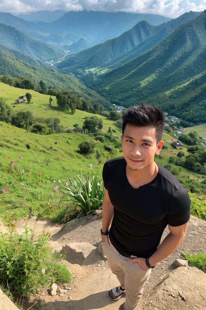 Handsome Indonesian man, black shirt, see the panorama from the top of the mountains