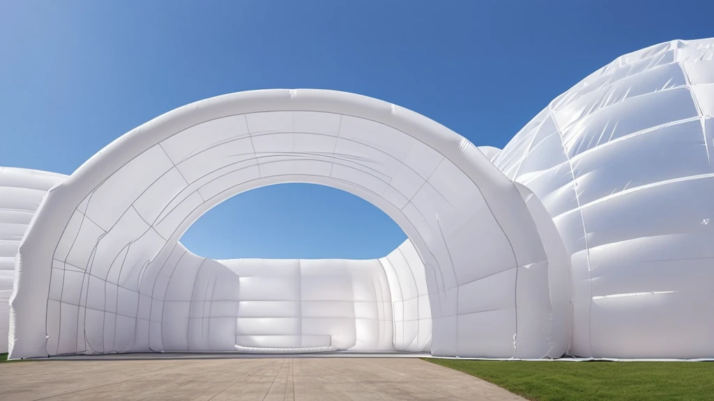 Realistic panorama of a huge inflatable installation in the shape of the building, white inflatable plastic film material, the installation is supported by a steel frame and wrapped in a white polyester sheet.   minimalist, surreal, most best quality,32K Ultra HD