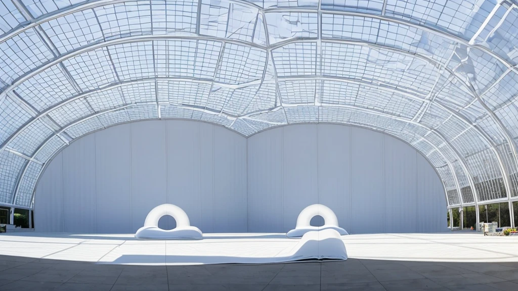 Realistic panorama of a huge inflatable installation in the shape of the building, white inflatable plastic film material, the installation is supported by a steel frame and wrapped in a white polyester sheet. minimalist, surreal, most best quality,32K Ultra HD