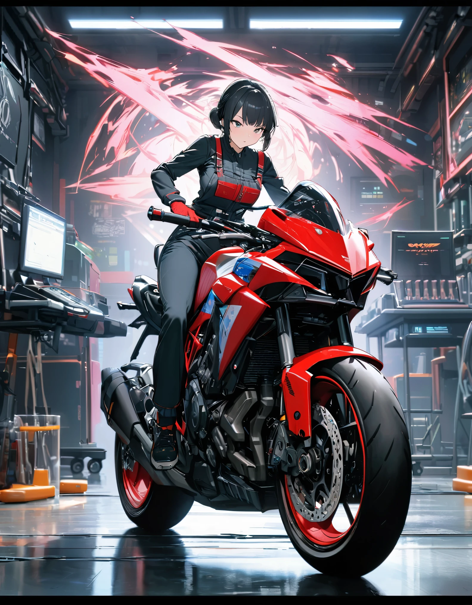 best quality, super fine, 16k, incredibly absurdres, extremely detailed, 2.5D, delicate and dynamic depiction, cool motorcycle that changes form and is armed as seen in Transformation Sentai movie, mechanic girl in overalls, background analyzer lab room
