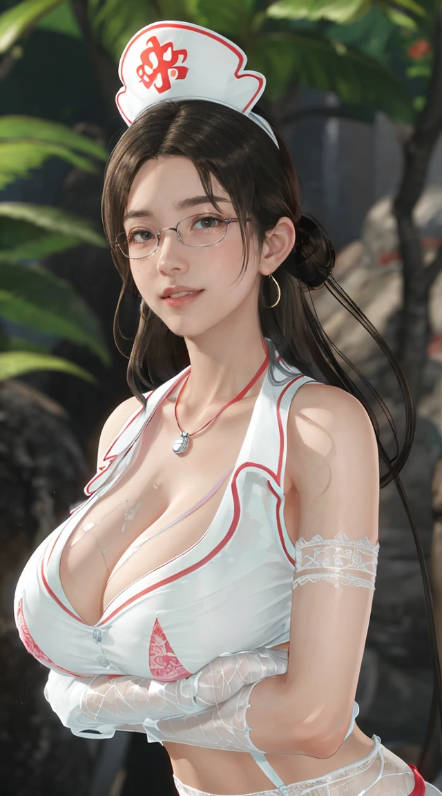(masterpiece), (best quality), (high resolution), (beautiful eyes和脸), (Perfect female image), Realist, Radiant skin, Extremely detailed eyes and face, (High Detail Skin:1.2), (beautiful eyes:1.2), SFW, (巨大的Cleavage:1 4, Breast sagging, Long Breasts), 
1 busty girl,  eternal,, ((blush)), 他们Smile着, shut your mouth, Open your lips, Looking at the audience,  Loose hair, Low-cut，Deep V big chest，Huge breasts ，Slim figure，Japanese Beauty, This is a perfect face, cosmetic, Perfect eyes, masterpiece, Open your lips, blush, Radiant skin, Drunken face, Smile,  Sticking out her tongue, , Cleavage很诱人，Wearing very little，Japanese Beauty，Nurse，Nurse帽，In a forest，Huge breasts，Cleavage，Low-cut，necklace，earrings， Flowers，比基尼，swimsuit，Thin waist，Exposure