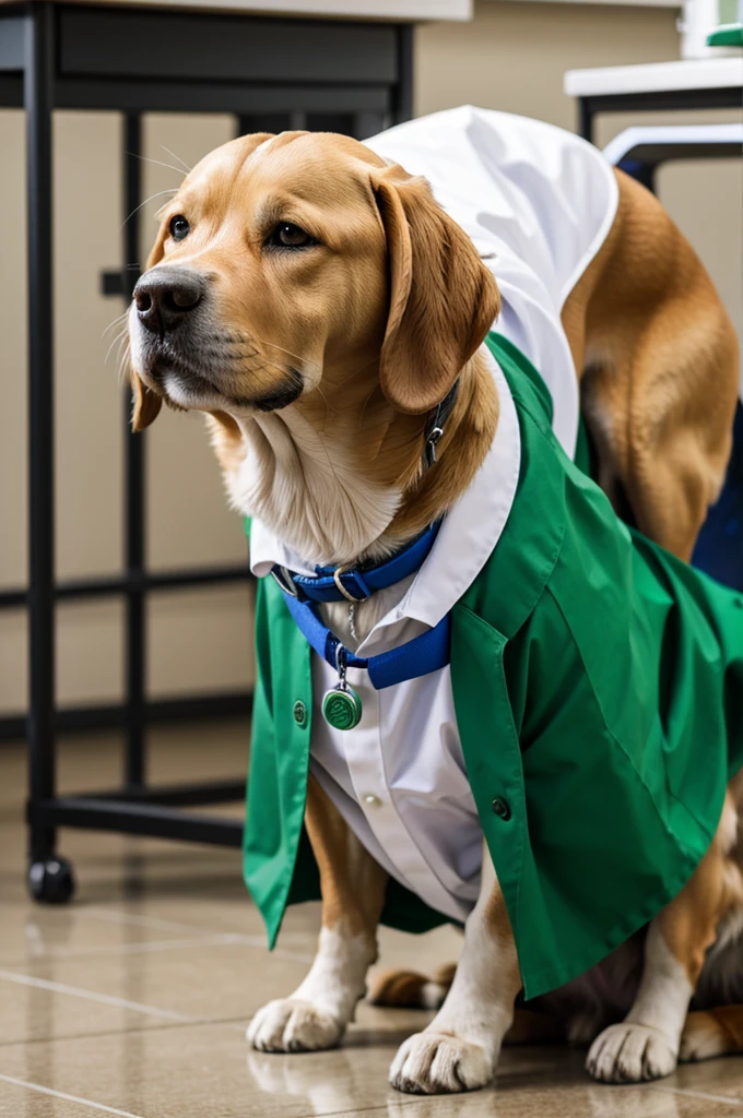 A school bortarga of a scientific dog, who wears a green and lab coat