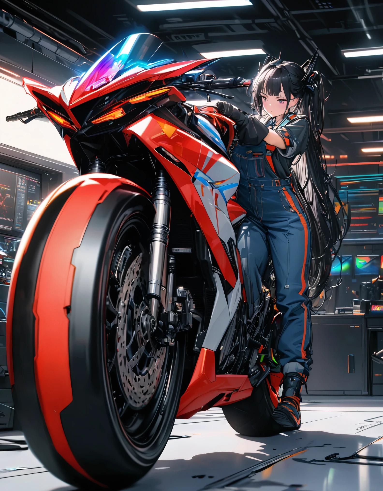 best quality, super fine, 16k, incredibly absurdres, extremely detailed, 2.5D, delicate and dynamic depiction, (cool motorcycle that changes form and is armed as seen in Transformation Sentai movie, matte black with colorful lines), mechanic girl wearing overalls during maintenance, background analyzer lab room