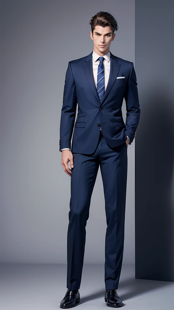 a full-length masculine man, in a casual pose. slim build. wearing an open navy blue blazer without a tie and blue trousers and detailed polished shoes. Hairstyle should be simple and natural. Try to keep the body proportions realistic and avoid distortions. The face should be in a neutral expression, looking straight ahead, full-length distant view, 0° angle, frontal, framing distance 5790 mm