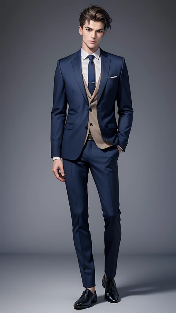 a full-length masculine man, in a casual pose. slim build. wearing an open navy blue blazer without a tie and blue trousers and detailed polished shoes. Hairstyle should be simple and natural. Try to keep the body proportions realistic and avoid distortions. The face should be in a neutral expression, looking straight ahead, full-length distant view, 0° angle, frontal, framing distance 5790 mm