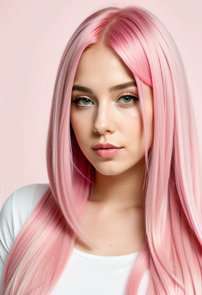 um close up de uma mulher com pink  hair e um top preto, pink  hair, pink straight hair, pink  hair claro, com pink  hair, pink  hair longo, long bubblegum hair, bubblegum hair, pastel pink skin tone, long flowing pink hair, pink  hair claro longo, pink  hair wispy, pink  hair claro com chamas cor-de-rosa, long hair with pastel colors, ava max