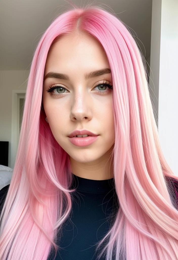 um close up de uma mulher com pink  hair e um top preto, pink  hair, pink straight hair, pink  hair claro, com pink  hair, pink  hair longo, long bubblegum hair, bubblegum hair, pastel pink skin tone, long flowing pink hair, pink  hair claro longo, pink  hair wispy, pink  hair claro com chamas cor-de-rosa, long hair with pastel colors, ava max