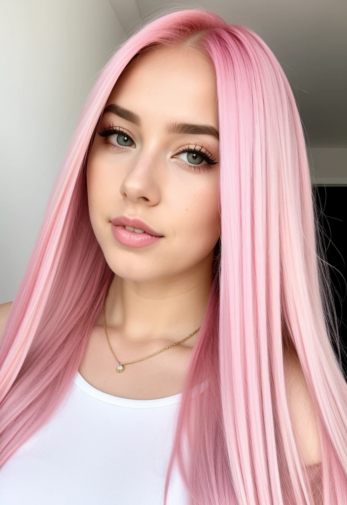 um close up de uma mulher com pink hair e um top preto, pink hair, pink straight hair, pink hair claro, com pink hair, pink hair longo, long bubblegum hair, bubblegum hair, pastel pink skin tone, long flowing pink hair, pink hair claro longo, pink hair wispy, pink hair claro com chamas cor-de-rosa, long hair with pastel colors, ava max