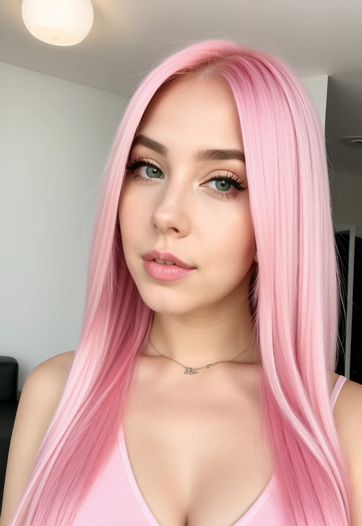 um close up de uma mulher com pink  hair e um top preto, pink  hair, pink straight hair, pink  hair claro, com pink  hair, pink  hair longo, long bubblegum hair, bubblegum hair, pastel pink skin tone, long flowing pink hair, pink  hair claro longo, pink  hair wispy, pink  hair claro com chamas cor-de-rosa, long hair with pastel colors, ava max