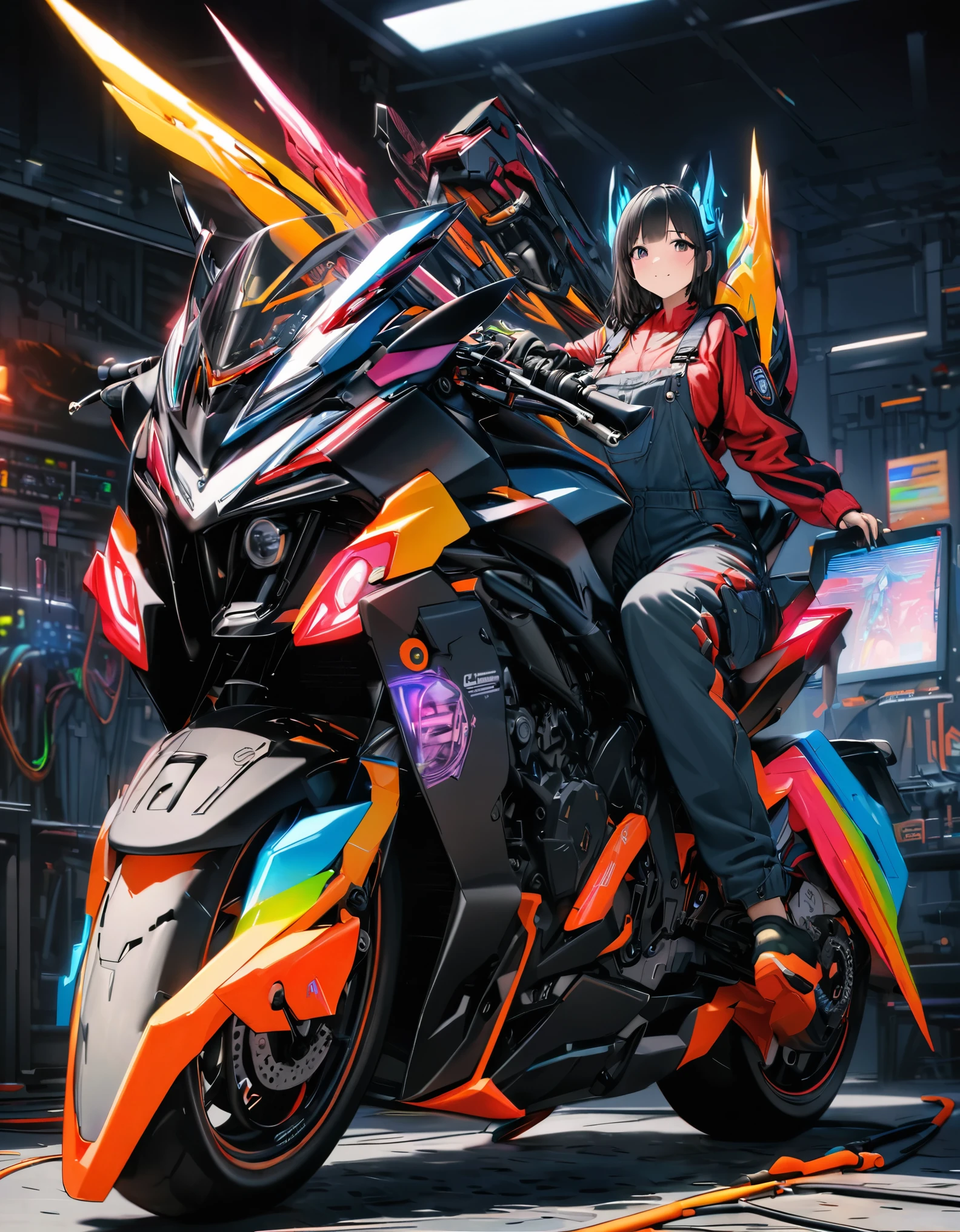 best quality, super fine, 16k, incredibly absurdres, extremely detailed, 2.5D, delicate and dynamic depiction, (cool motorcycle that changes form and is armed as seen in Transformation Sentai movie, matte black with colorful lines), mechanic girl wearing overalls during maintenance, background analyzer lab room