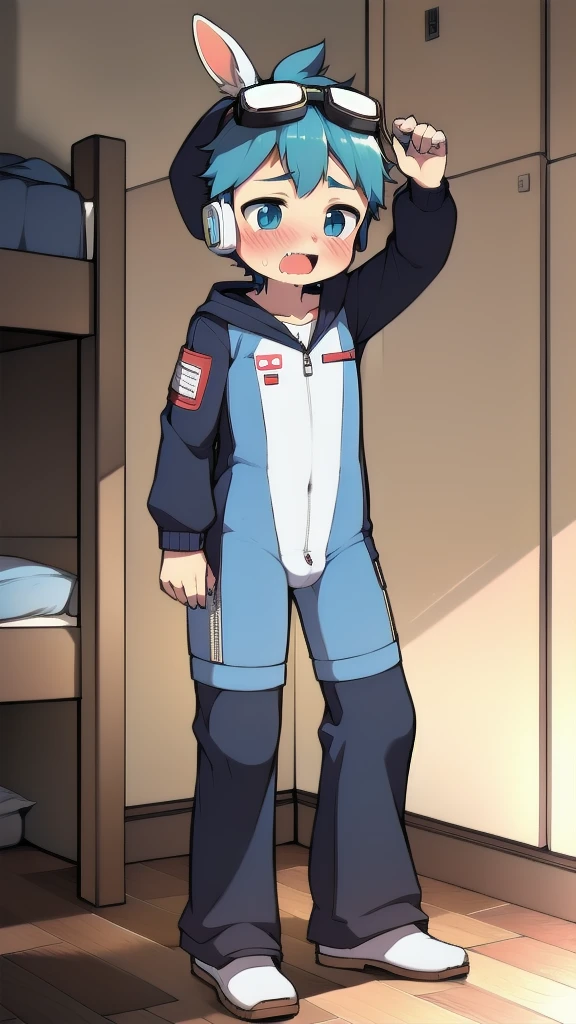 2D Boy Shota，One-piece mountaineering suit，Slim, healthy body，Put the headphones on your head，Standing，goggles，Rabbit ears，happy，Sailor collar，tie，Zipper pulled down，hood，blush，dormitory，Panting