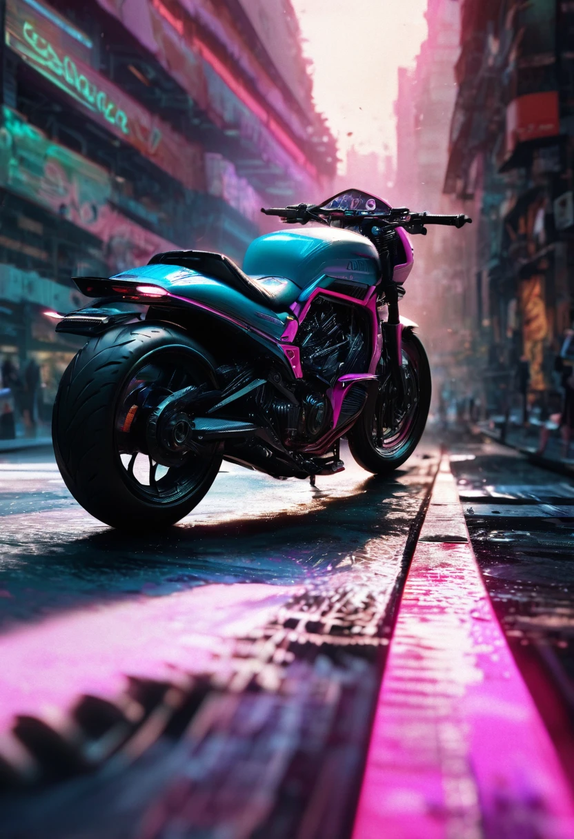 detailed cyberpunk motorcycle, futuristic motorcycle, riding on the road, motorcycle from behind, 1 person on motorcycle, intricate details, high resolution, 8k, Photorealistic, hyper detailed, cinematic lighting, Dynamic motion blur, gritty urban environment, neon lights, shiny cyber elements, chrome details, worn texture, wick inspired design, complex machinery, industrial urban landscape, Changing Color Palette, (Best Quality,4k,8k,high resolution,Masterpiece:1.2),ultra detailed,sharp focus,(realist,photorealist,fotorrealista:1.37), Extremely fine,intricate details,intense lighting,dramatic lighting,lighting change,cinematic lighting,chiaroscuro lighting,dramatic shadows,dramatic moments,vivid colors,intense colours,deep contrast,cinematic depth of field,cinematographic composition,cinematic camera angle