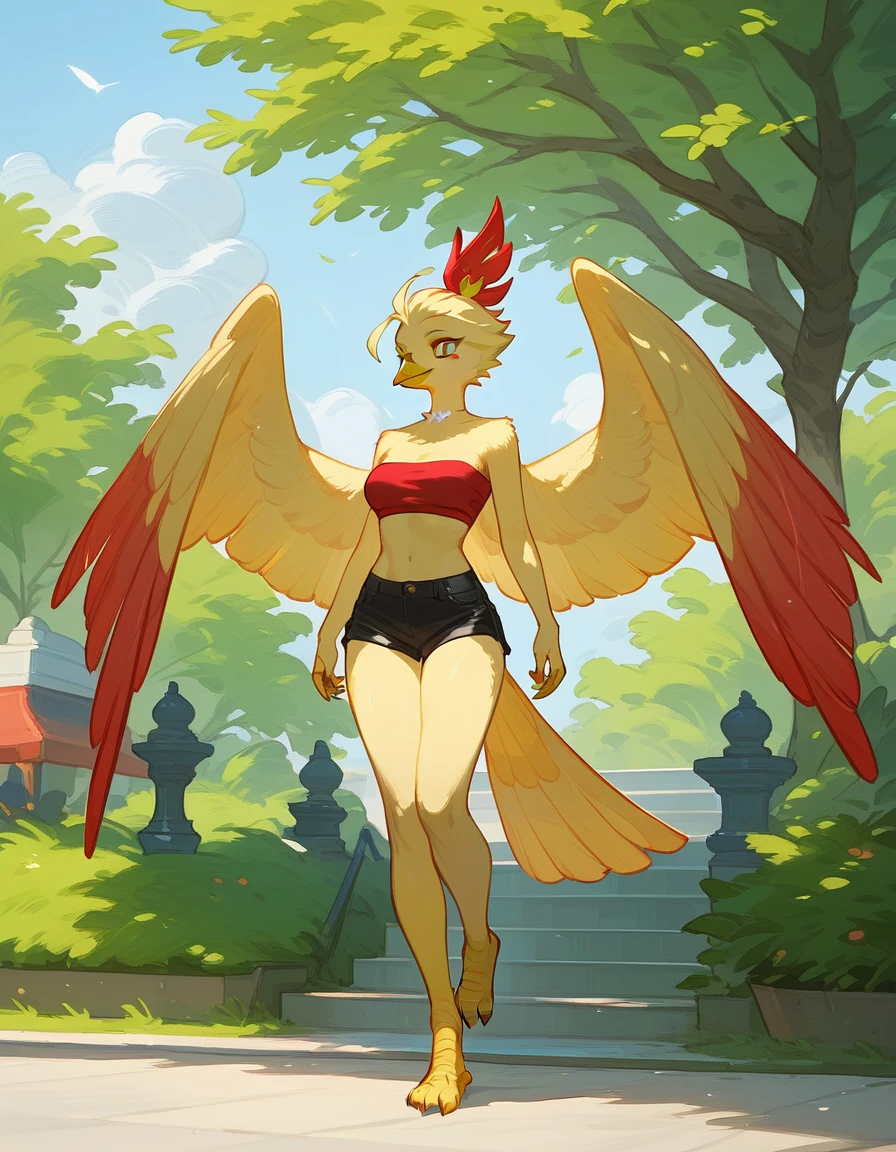 score_9, score_8_up, score_7_up, an Anthro phoenix girl, avian female, red and yellow body, spikey yellow hair, wearing elegant Haori, red bandeau, black short shorts, barefoot, standing, closed wings, yellow eyes, outdoors, at a park, seductive