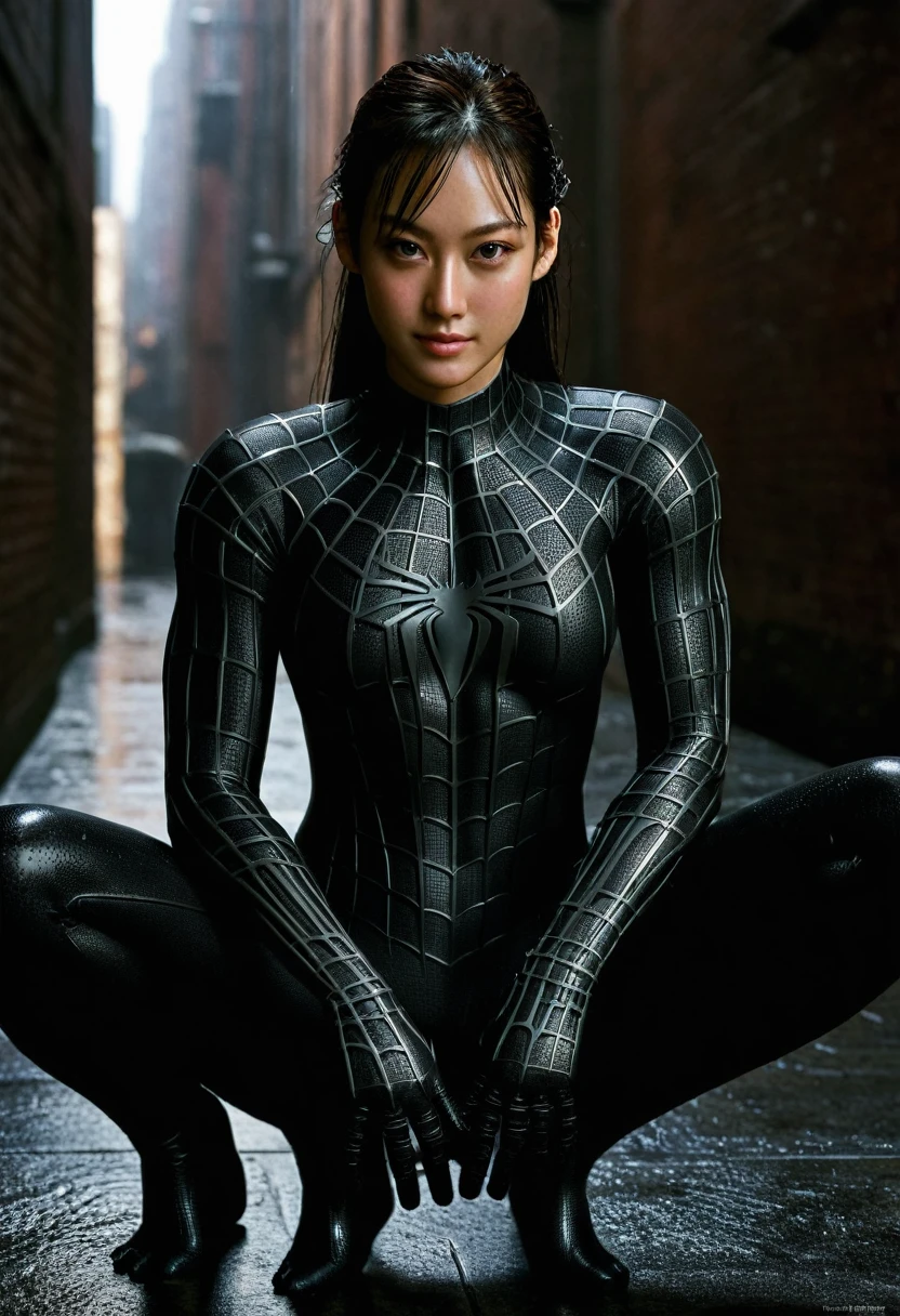 score_9, score_8_up, score_7_up, best quality, realistic, masterpiece, beautiful detail, hyperrealistic, (1girl, woman body, smile), big breasts:1, amazing detailed full body portrait of a beautiful japanese girl, defined muscle girl, wearing a realistic and highly detailed black raimi spider-man suit, ((huge muscular girl)), professional model wears ultra - detailed black raimi spider - man suit, ultra - detailed and grained black raimi spiderman suit, suit covered entire body and hand, black spiderman gloves, wet, (looking at camera), sitting with a sexy pose, (full body), (dirty skin), close up, octane render, highly detailed, volumetric, dramatic lighting, (highest quality:1.1), (HDR:1.3), (top quality, best quality), realistic, high definition,
