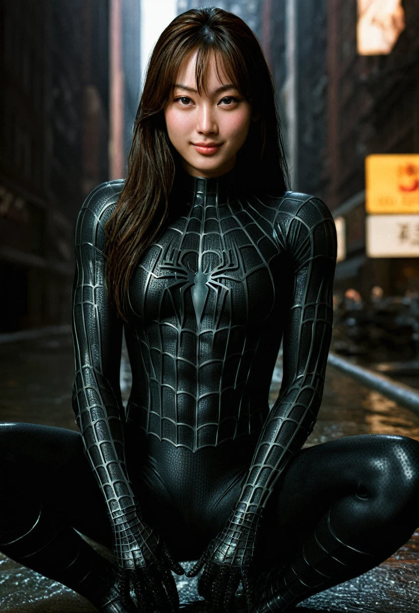 score_9, score_8_up, score_7_up, best quality, realistic, masterpiece, beautiful detail, hyperrealistic, (1girl, woman body, smile), big breasts:1, amazing detailed full body portrait of a beautiful japanese girl, defined muscle girl, wearing a realistic and highly detailed black raimi spider-man suit, ((huge muscular girl)), professional model wears ultra - detailed black raimi spider - man suit, ultra - detailed and grained black raimi spiderman suit, suit covered entire body and hand, black spiderman gloves, wet, (looking at camera), sitting with a sexy pose, (full body), (dirty skin), close up, octane render, highly detailed, volumetric, dramatic lighting, (highest quality:1.1), (HDR:1.3), (top quality, best quality), realistic, high definition,
