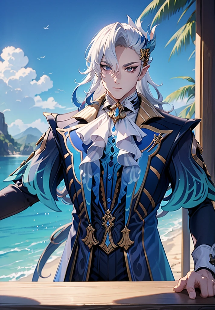 Masterpiece, Best Quality, 1boy, neuvillette, blue hair, White hair, multicolored hair, hair between eyes, pointy ears, hair ornament, topless man, muscular, as well, mar, arena, tropical island background 