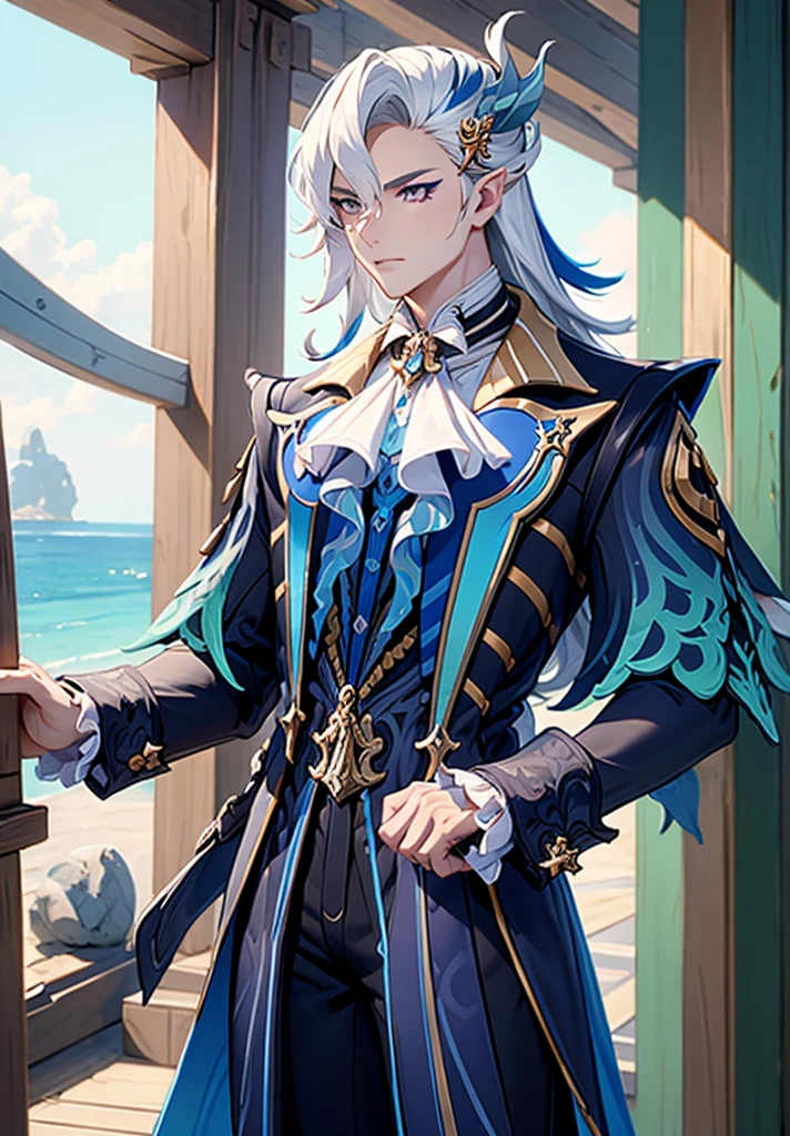 Masterpiece, Best Quality, 1boy, neuvillette, blue hair, White hair, multicolored hair, hair between eyes, pointy ears, hair ornament, topless man, muscular, as well, mar, arena, tropical island background 