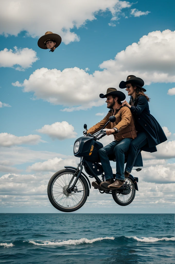 a mono, on a bike, with a baby and a cowboy hat, flying over the sea