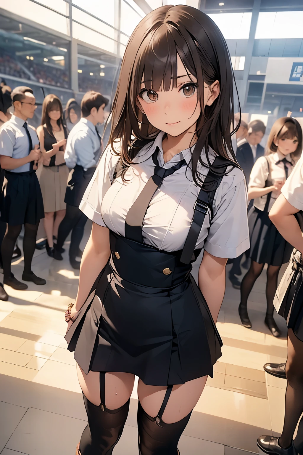 Brown Hair、Looking at the audience suspenders bulging big breasts Black mini skirt garter belt Knee-high socks sight Small face bangs beauty Show your hand sight Black boots Taunt Armpit sweat One person Put your hands behind your back Dress shirt Panty shot