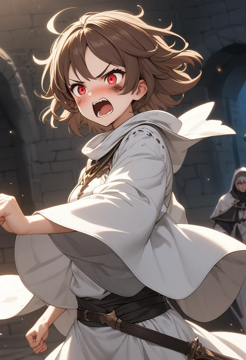 Adult female, average height, very short brown hair, red eyes, cleric, black on white cleric robes, blushing, angry, tsundere, yelling, fantasy dungeon in the dark, running from monsters, highly detailed, high quality, perfect eyes, perfect face, dirty, cuts, alone