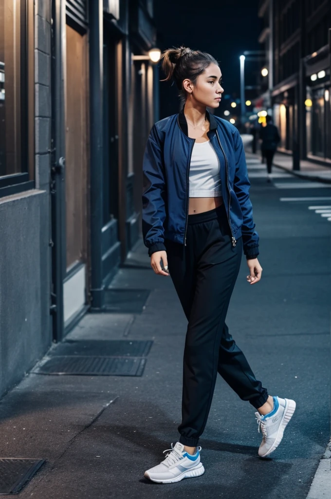1. Girl with hair tied up in ponytail.
2. Listening to music with headphones.
3. Walking alone in the city at night.
4. side view.
5. let your whole body be seen, head, arms legs feet up and down 6. Have black pants, blue jacket, black sneakers 
