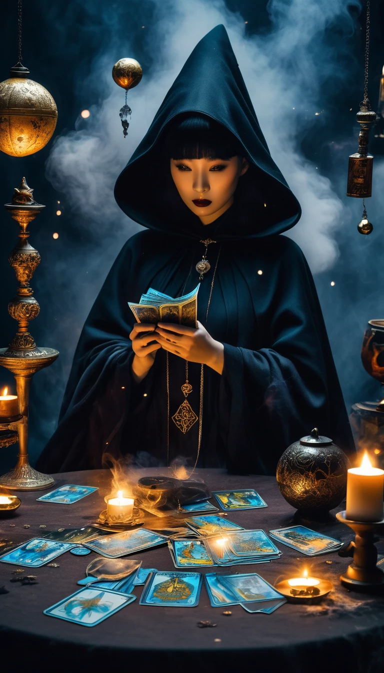 (((Tarot cards scattered in the air)))，Divination，Wizard in black cloak，It sits on the table，Glowing crystal ball，Smoke all around。
Smoky，Makes the whole picture more hazy and mysterious。
Dark Tones，Highlight the mysterious and weird atmosphere。The flame and candlelight become the focus of the picture，与其他Dark Tones形成对比。This contrast makes the picture more layered..，at the same time, Visual effects have also been enhanced。
Mysterious and weird feeling。