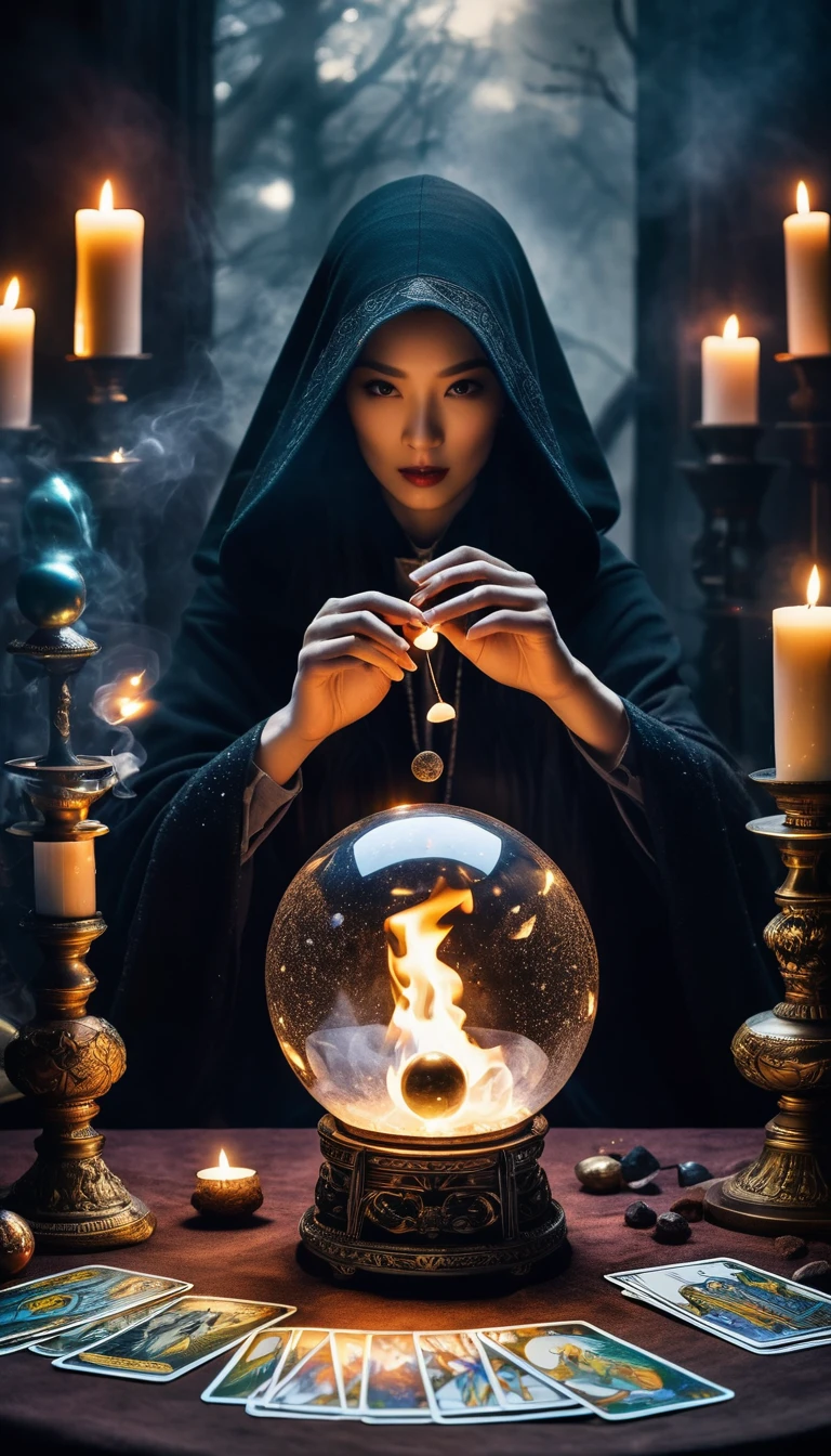 (((Tarot cards scattered in the air))),Divination,Wizard in black cloak,It sits on the table,Glowing crystal ball,Smoke all around。
Smoky,Makes the whole picture more hazy and mysterious。
Dark Tones,Highlight the mysterious and weird atmosphere。The flame and candlelight become the focus of the picture,与其他Dark Tones形成对比。This contrast makes the picture more layered..,at the same time, Visual effects have also been enhanced。
Mysterious and weird feeling。