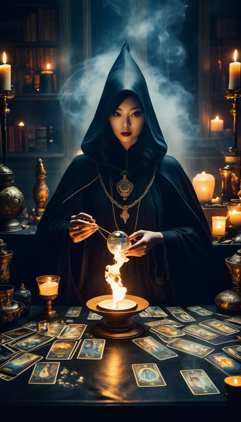 (((Tarot cards scattered in the air)))，Divination，Wizard in black cloak，It sits on the table，Glowing crystal ball，Smoke all around。
Smoky，Makes the whole picture more hazy and mysterious。
Dark Tones，Highlight the mysterious and weird atmosphere。The flame and candlelight become the focus of the picture，与其他Dark Tones形成对比。This contrast makes the picture more layered..，at the same time, Visual effects have also been enhanced。
Mysterious and weird feeling。