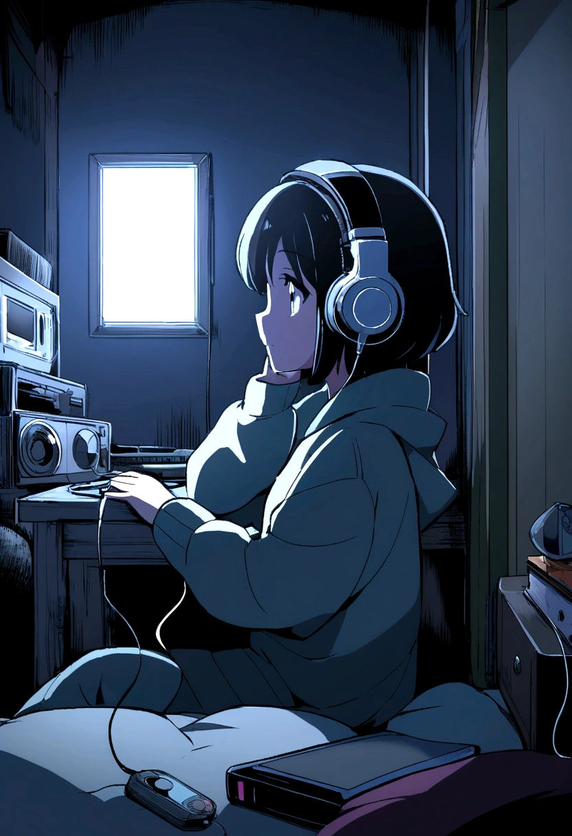 night、Girl listening to music in a cozy room, Use headphones, 2D Anime Style, Lo-Fi, hard disk, Half dark,