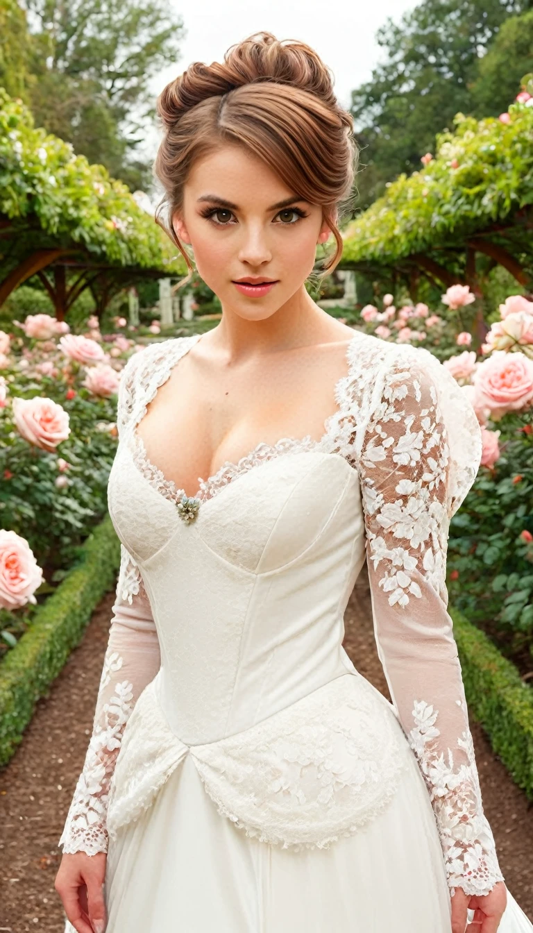 A hyper-realistic portrait of a lady with light brown hair in an updo, wearing a white lace gown, set in a Victorian-style rose garden with blooming flowers.
