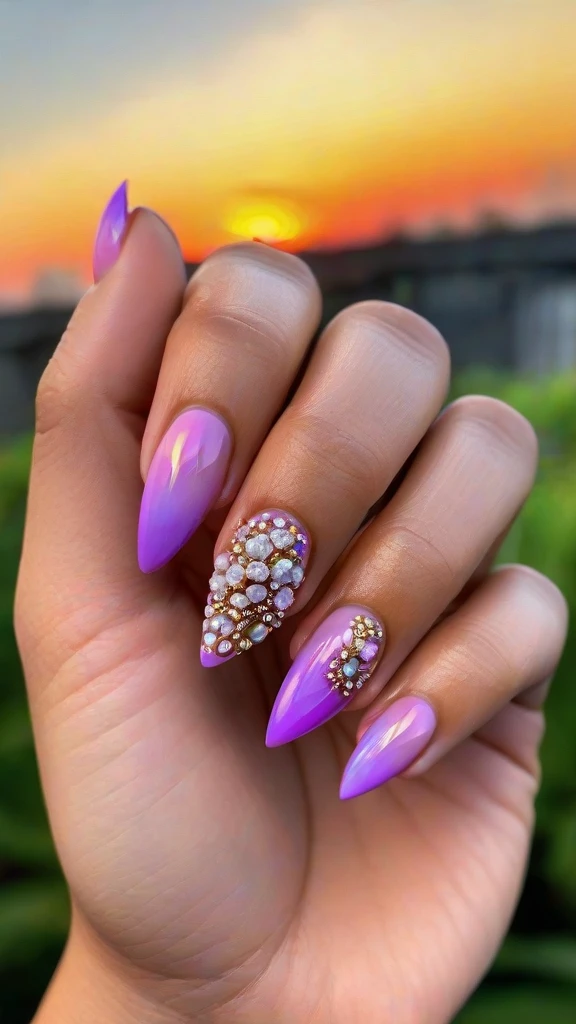 detailed painted nails, intricate nail art, floral nail designs, gem-encrusted nails, metallic nail polish, ombre nails, 3D nail art, holographic nails, glossy manicured nails, acrylic nails, (best quality,4k,8k,highres,masterpiece:1.2),ultra-detailed,(realistic,photorealistic,photo-realistic:1.37),macro photography, close-up, sharp focus, vibrant colors, natural lighting
