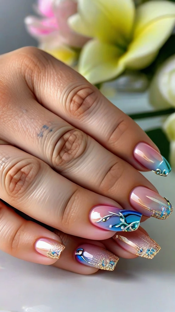 detailed painted nails, intricate nail art, floral nail designs, gem-encrusted nails, metallic nail polish, ombre nails, 3D nail art, holographic nails, glossy manicured nails, acrylic nails, (best quality,4k,8k,highres,masterpiece:1.2),ultra-detailed,(realistic,photorealistic,photo-realistic:1.37),macro photography, close-up, sharp focus, vibrant colors, natural lighting
