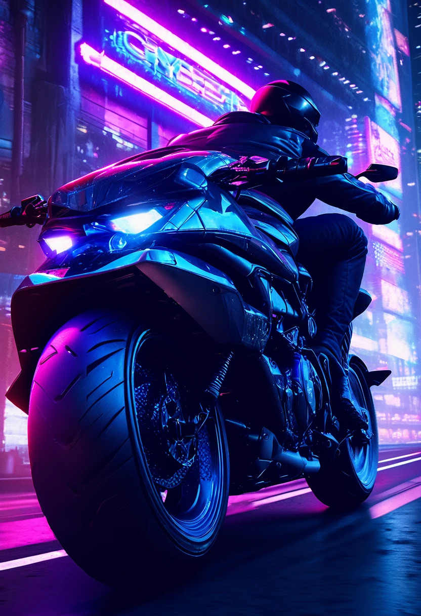 detailed cyberpunk motorcycle, futuristic motorcycle, riding on the road, motorcycle from behind, 1 person on motorcycle, intricate details, high resolution, 8k, Photorealistic, hyper detailed, cinematic lighting, Dynamic motion blur, gritty urban environment, neon lights, shiny cyber elements, chrome details, worn texture, wick inspired design, complex machinery, industrial urban landscape, Changing Color Palette, (Best Quality,4k,8k,high resolution,Masterpiece:1.2),ultra detailed,sharp focus,(realist,photorealist,fotorrealista:1.37), Extremely fine,intricate details,intense lighting,dramatic lighting,lighting change,cinematic lighting,chiaroscuro lighting,dramatic shadows,dramatic moments,vivid colors,intense colours,deep contrast,cinematic depth of field,cinematographic composition,cinematic camera angle