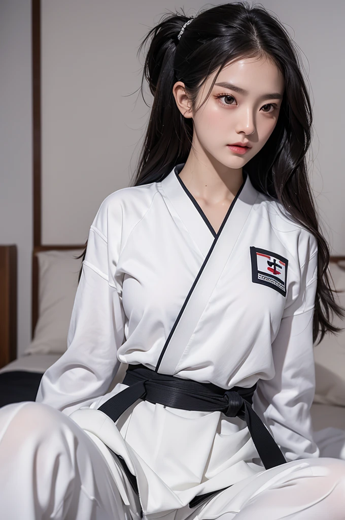 masterpiece, ultra details, best quality, 1 korean taekwondo girl, masterpiece, ultra details, best quality, black long straight hair, wearing sweaty white World Taekwondo Federation dobok uniform with black v-neck, wearing taekwondo blackbelt, wearing white martial arts pants without pockets, large sweaty butt, large breasts, laying on wet hotel bed showing butt, sweat droplets on face, seductive facial expression, blushing