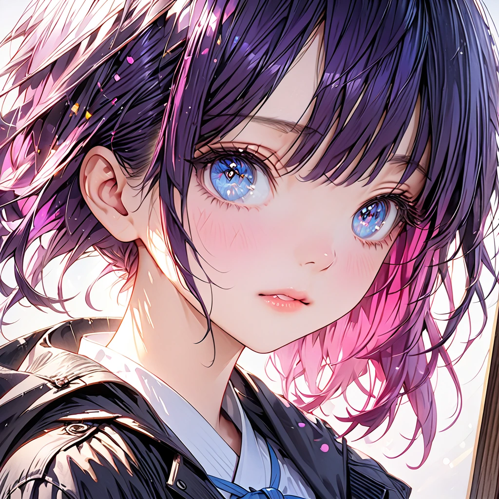 anime angel monster girl, short purple hair, black trench coat, half white shirt, bright blue eyes, (best quality,4k,8k,highres,masterpiece:1.2),ultra-detailed,(realistic,photorealistic,photo-realistic:1.37),HDR,UHD,studio lighting,ultra-fine painting,sharp focus,physically-based rendering,extreme detail description,professional,vivid colors,bokeh,anime,concept artists,melted,Zero-chan Art