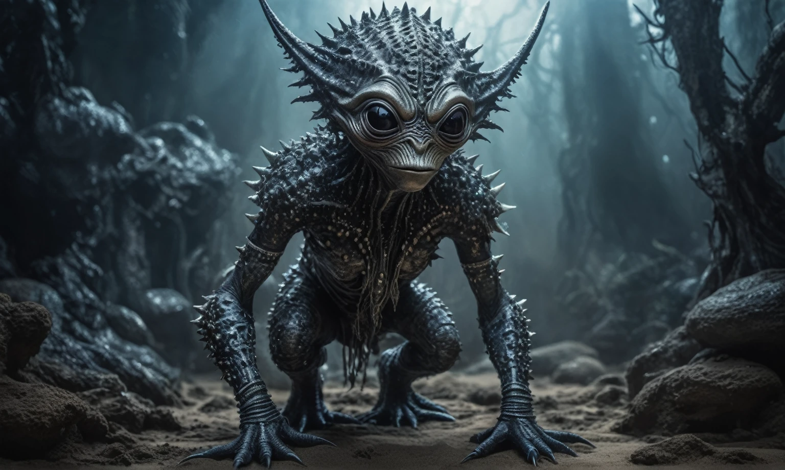full body length shot,nerd graphite  Alien Entity,native africa slave ,nowadays azctec central city,Cinematic,soft colors, Technicolor,natural skin textures, hyper realism, hyper detailed,Extremely detailed,High contrast,Masterpiece,Realistic,Ultra Detailed, intricate details,realistic humid leather,extremely intricate details,Epic Realistic, cinematic style, irina yermolova,high contrast,hdr,extremely detailed, [deep night landscape],masterpiece, intricate details, eyes extremely detailed, high detailed eyes,8k resolution,retina, Nikon Z9,Korea,orc,, Pisces, transition between two art styles, Double contact, X-ray, Creative, vivid light, fantasy, Abstract, Surrealism, super detailed, high resolution,insanity wear,skin  almost translucent,  symbols of mourning and gothic elements, further emphasizing its dark air,Mestichino,Light particles,chaos,starfish's leather
