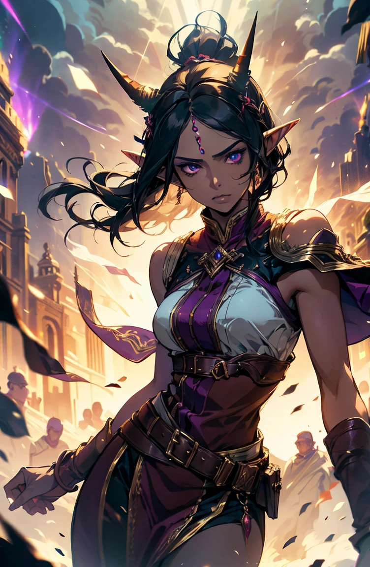 brown skin, older woman, sexy, tall, brown skin, one wing, black hair, elf, elf ears, horns, sleeveless, purple, dramatic compositions, Cinematic lighting, Ray tracing, dramatic shadows