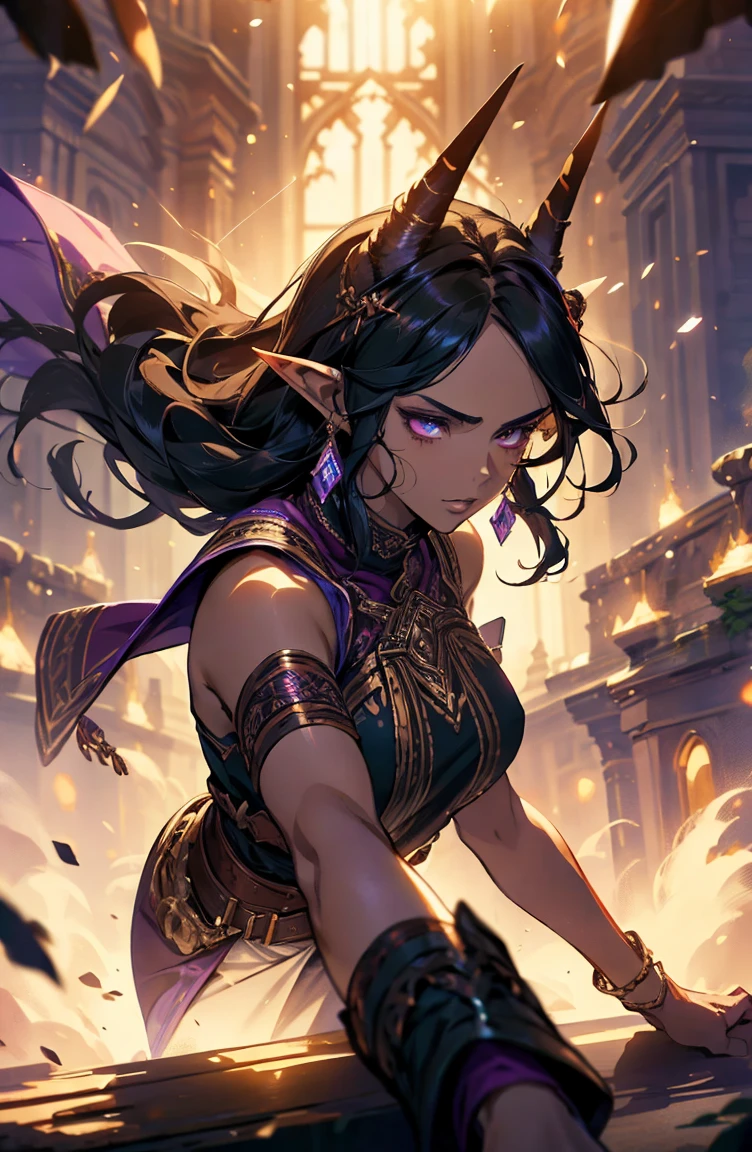 brown skin, older woman, sexy, tall, brown skin, one wing, black hair, elf, elf ears, horns, sleeveless, purple, dramatic compositions, Cinematic lighting, Ray tracing, dramatic shadows