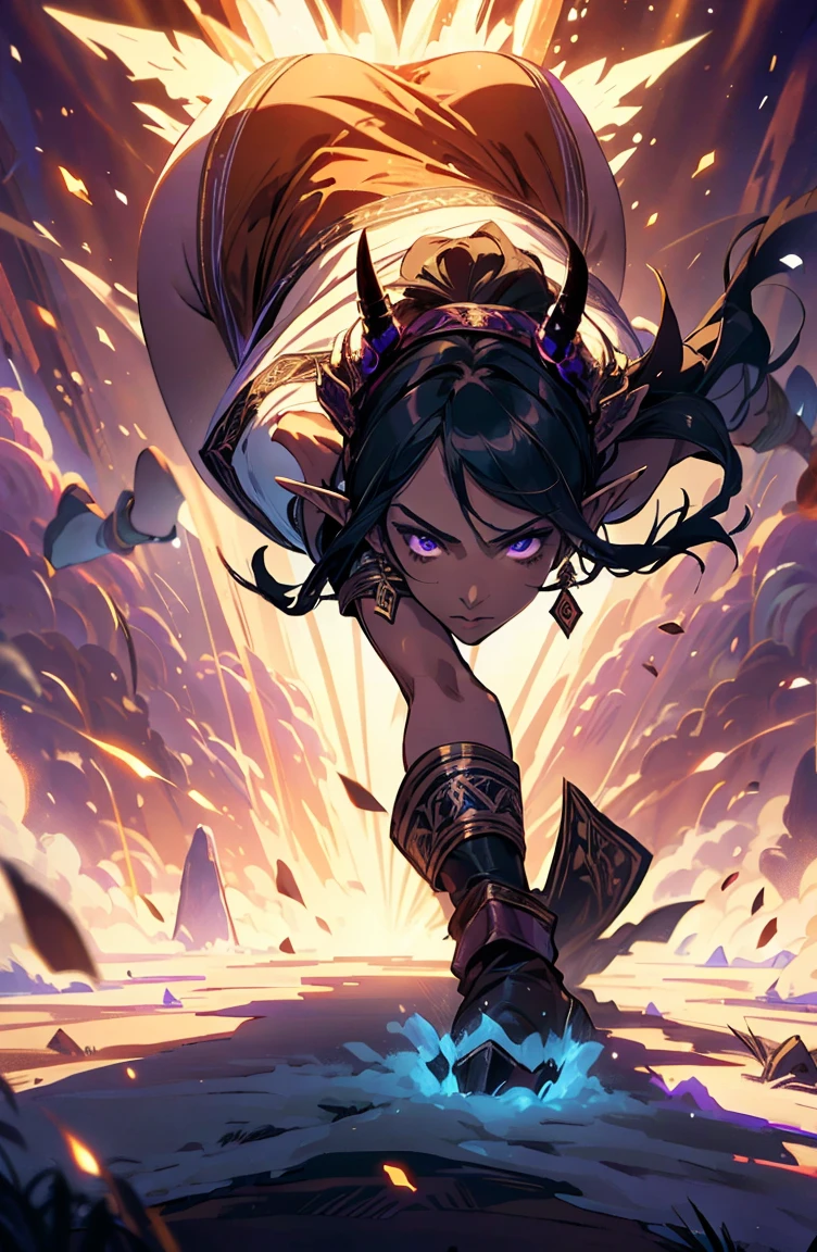 brown skin, older woman, sexy, tall, brown skin, one wing, black hair, elf, elf ears, horns, sleeveless, purple, dramatic compositions, Cinematic lighting, Ray tracing, dramatic shadows