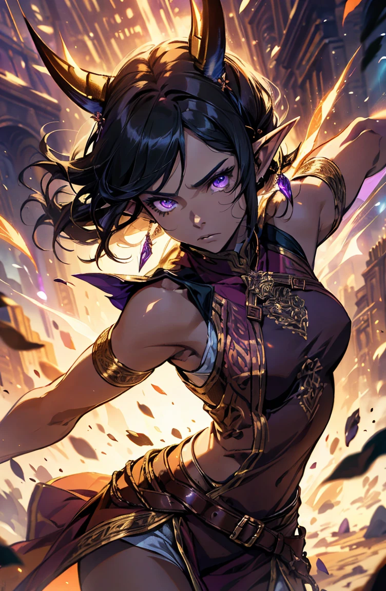brown skin, older woman, sexy, tall, brown skin, one wing, black hair, elf, elf ears, horns, sleeveless, purple, dramatic compositions, Cinematic lighting, Ray tracing, dramatic shadows