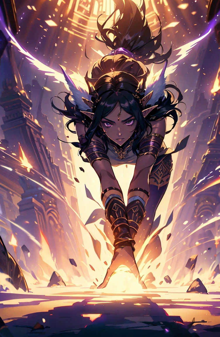 brown skin, older woman, y, tall, brown skin, one wing, black hair, elf, elf ears, horns, sleeveless, purple, dramatic compositions, Cinematic lighting, Ray tracing, dramatic shadows