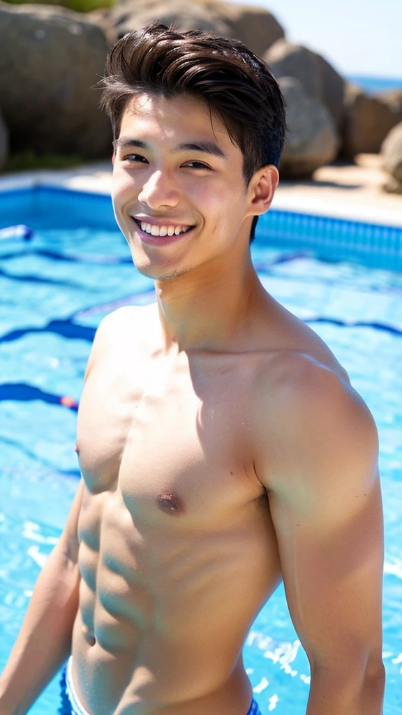 male Age 29 swimwear lifeguard topless smile
